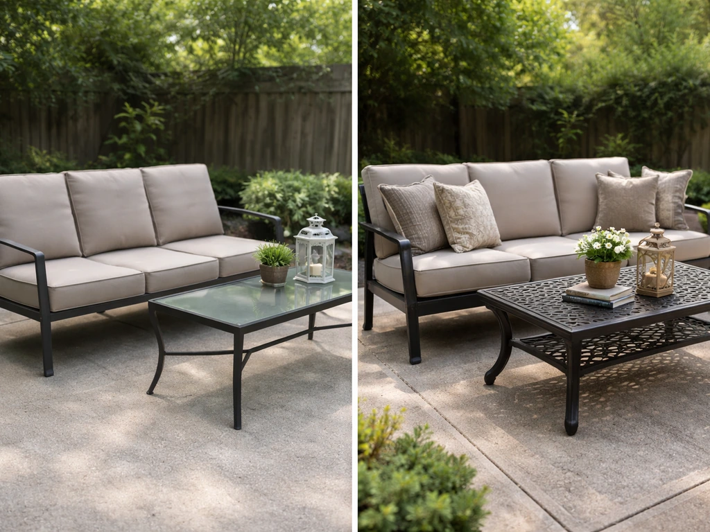 Split view of budget and premium patio furniture: thin steel set vs heavier cast-aluminum set side by side.