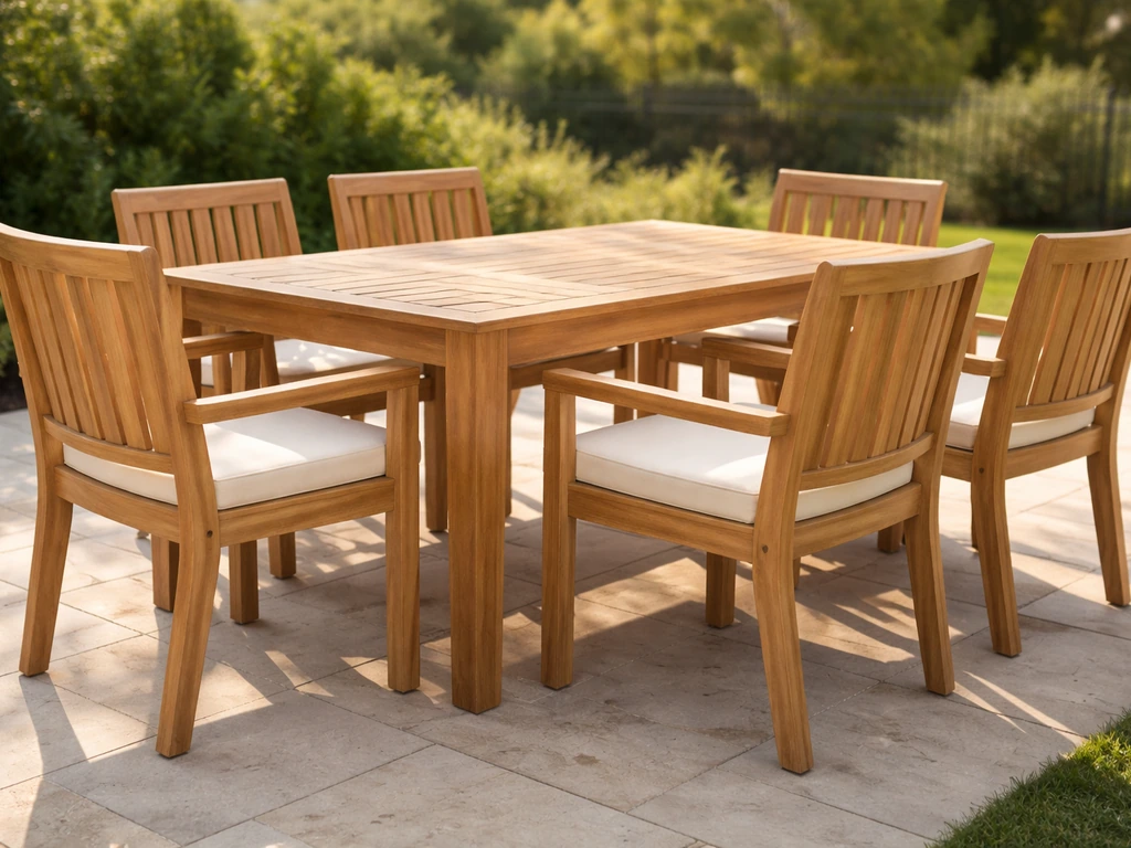 Sunlit patio with eucalyptus outdoor dining table and matching chairs in warm natural light