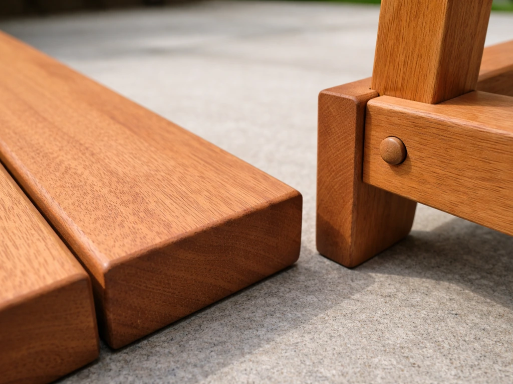 Close-up of eucalyptus wood grain beside a simple outdoor bench joinery detail.