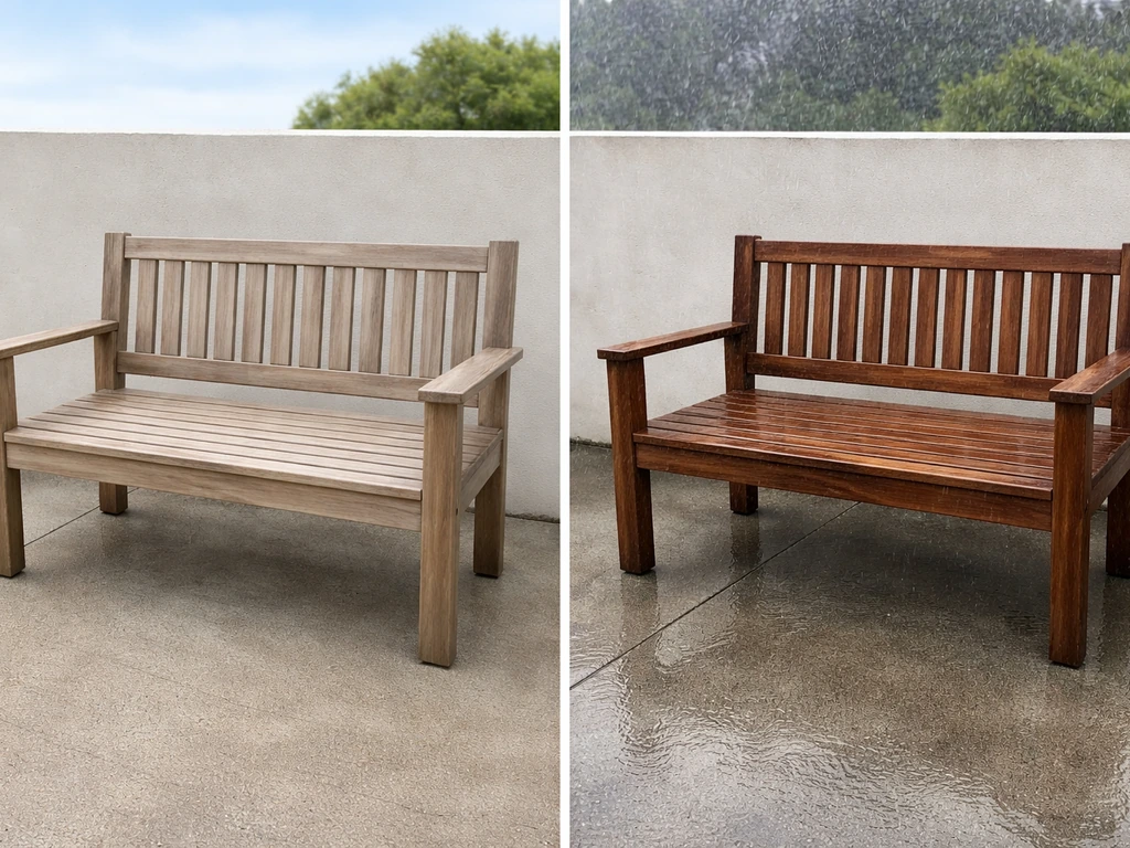 Eucalyptus bench outdoors showing dry cracked wear on one side and humid rain darkening on the other.