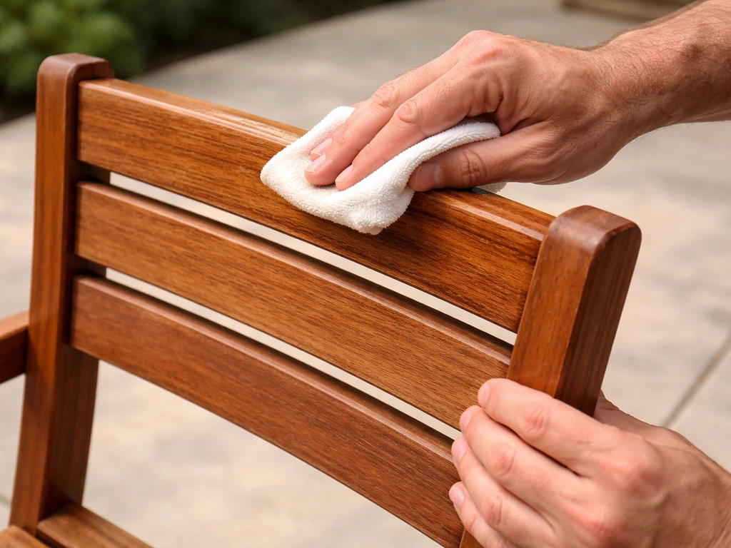 Hands apply wood oil to eucalyptus patio furniture with a cloth, showing the sheen soak-in.