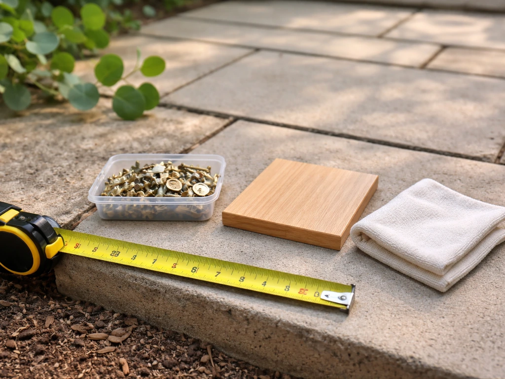Measuring tape on a patio next to hardware and a plain wood finish sample for buy readiness.