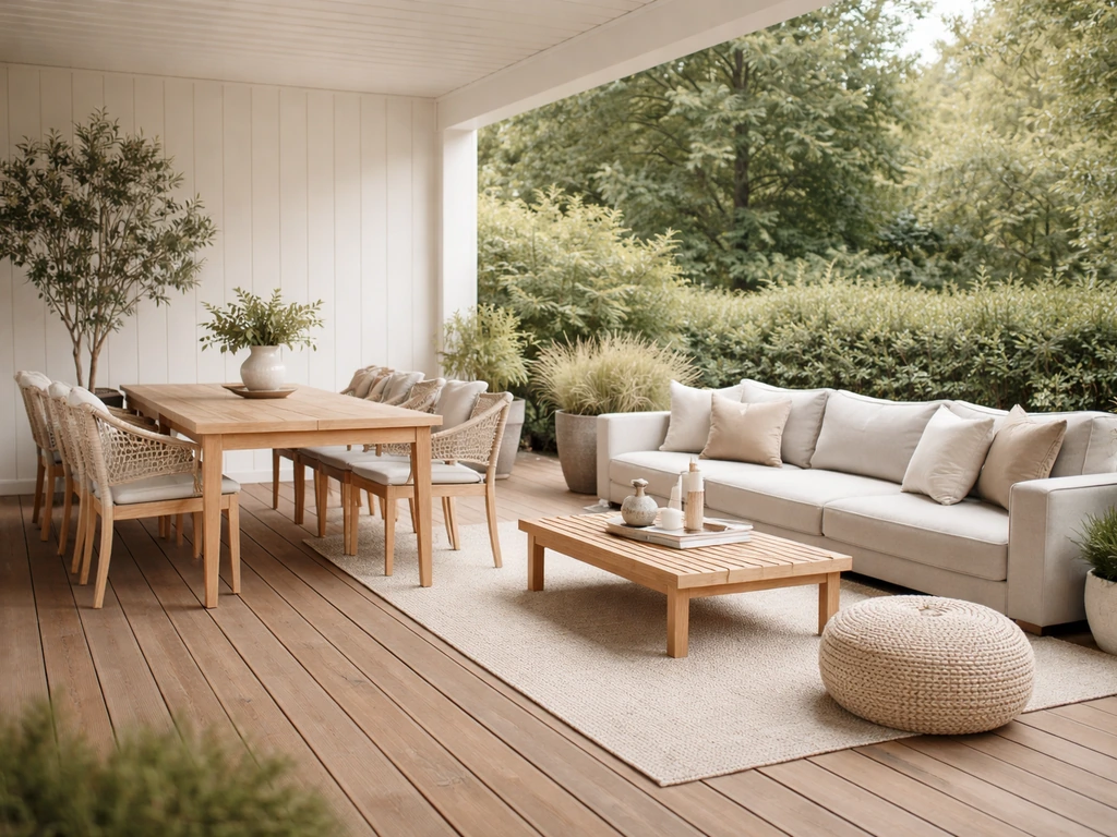 Premium outdoor patio with modern lounge and dining furniture in neutral tones under natural light.