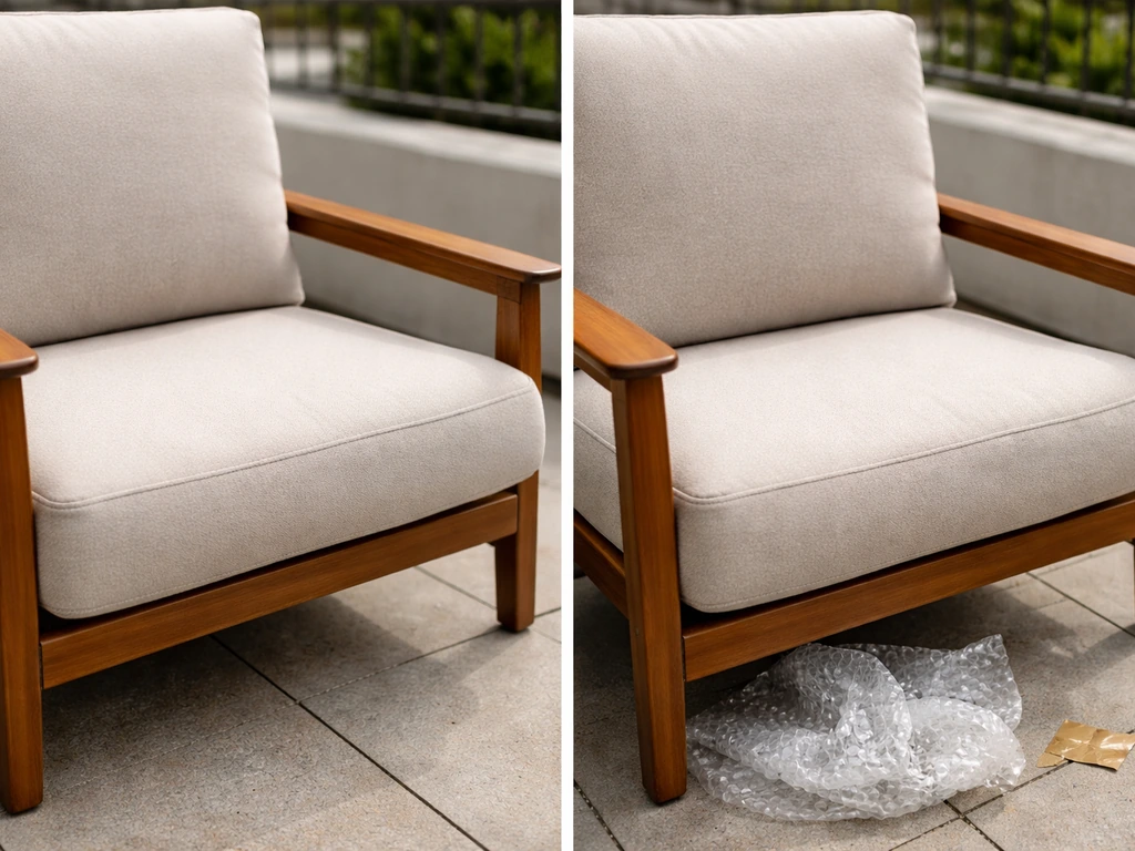 Two side-by-side patio cushion closeups: one fresh and plump, one flattened and worn with packing wrap nearby.