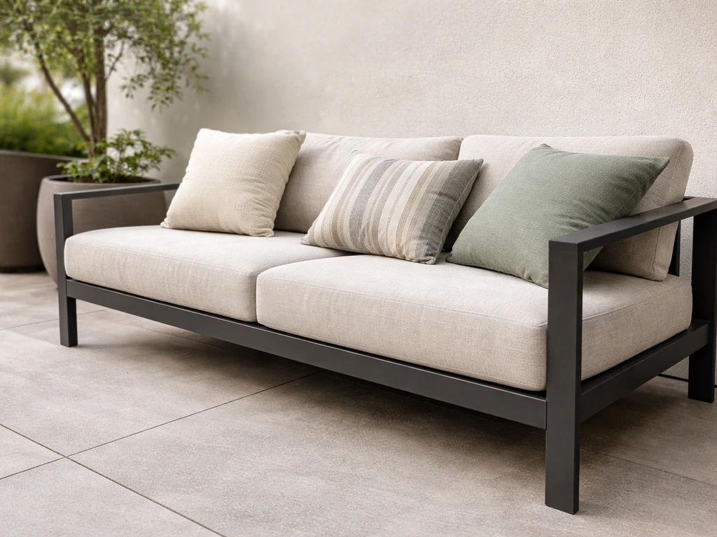 75-inch outdoor aluminum lounge sofa on a quiet patio with cushions, viewed from seat level.