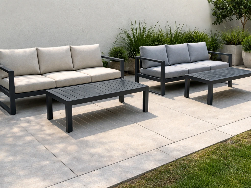 Two patio furniture sets side-by-side, showing thicker cushions and a premium matte aluminum frame versus a cheaper opti