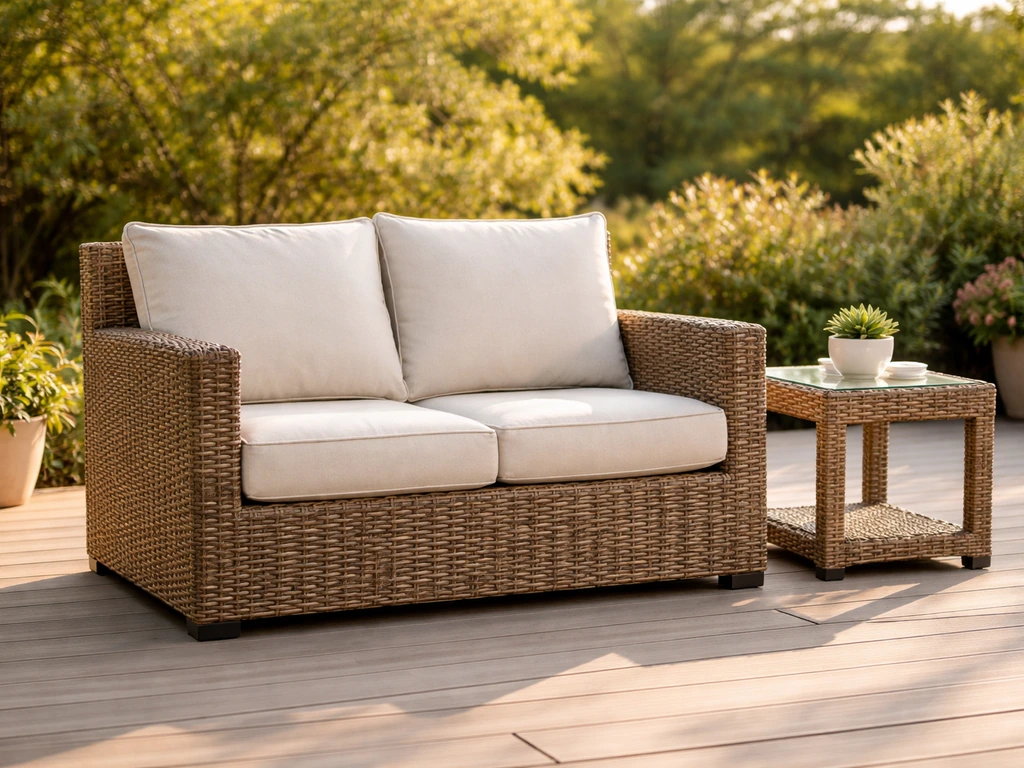 Wicker patio loveseat with neutral cushions on a clean outdoor deck, bright natural light, no people.