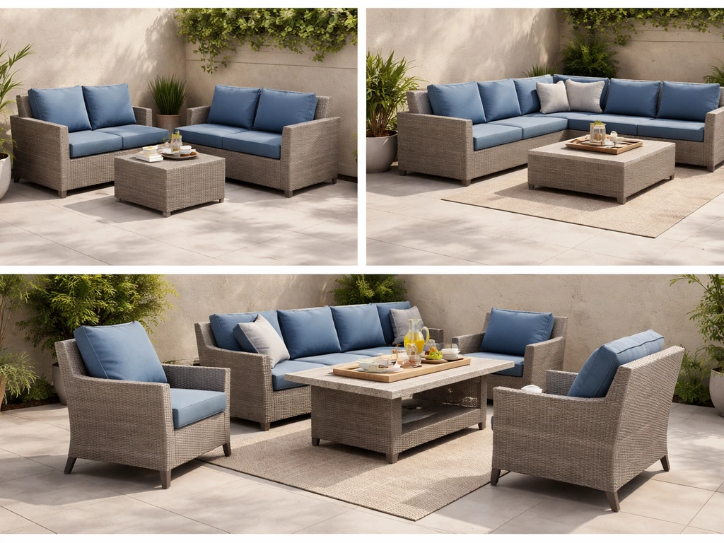 Three minimal patio living room setups side-by-side: compact sectional, larger sectional, and hosting dining layout.