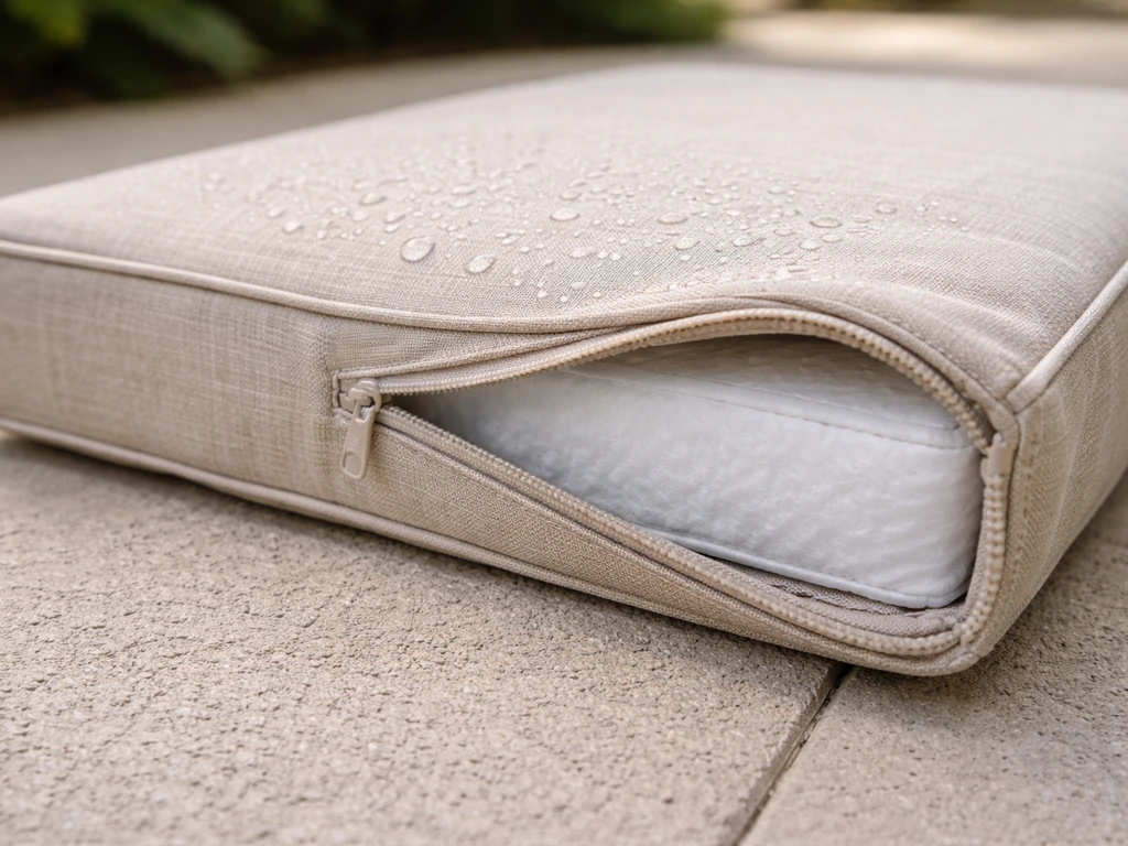 Close-up of a cushion with a partially opened zippered cover and water droplets on polyester fabric.