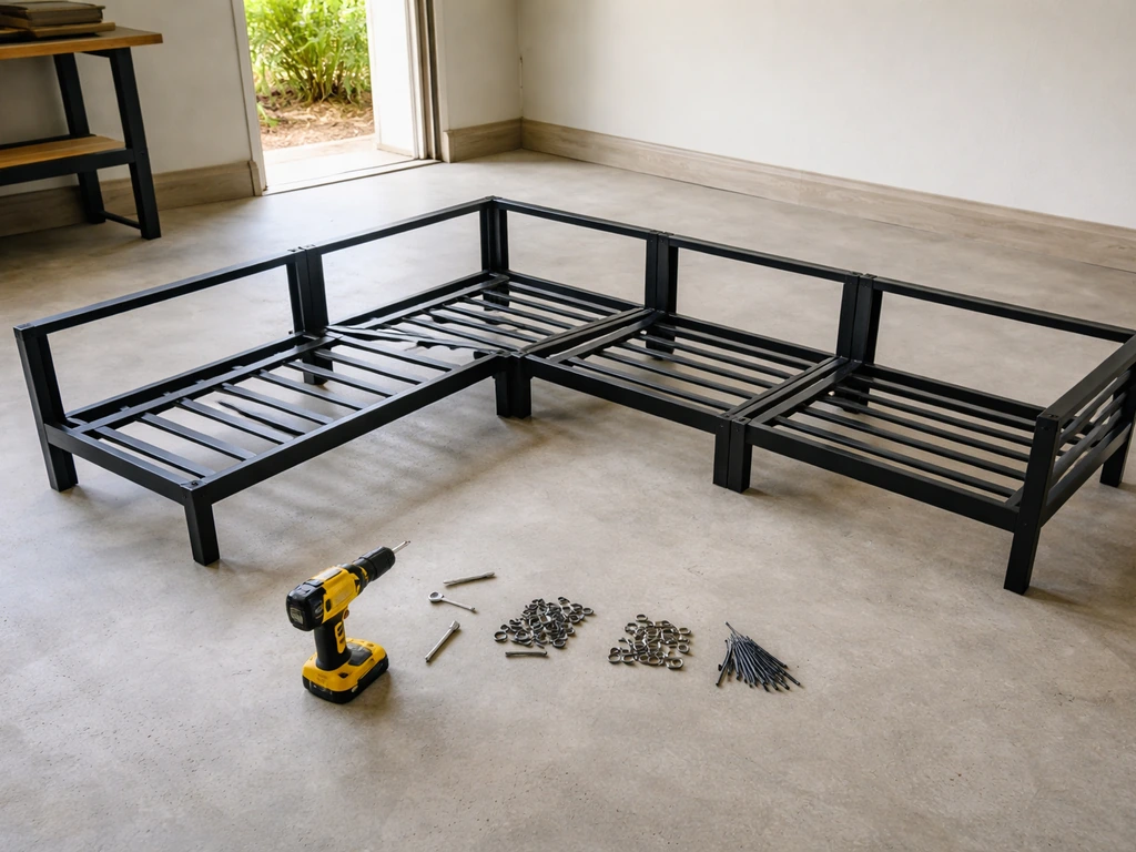 Unassembled outdoor sectional frame in a garage with tools and zip ties, showing assembly is a real project