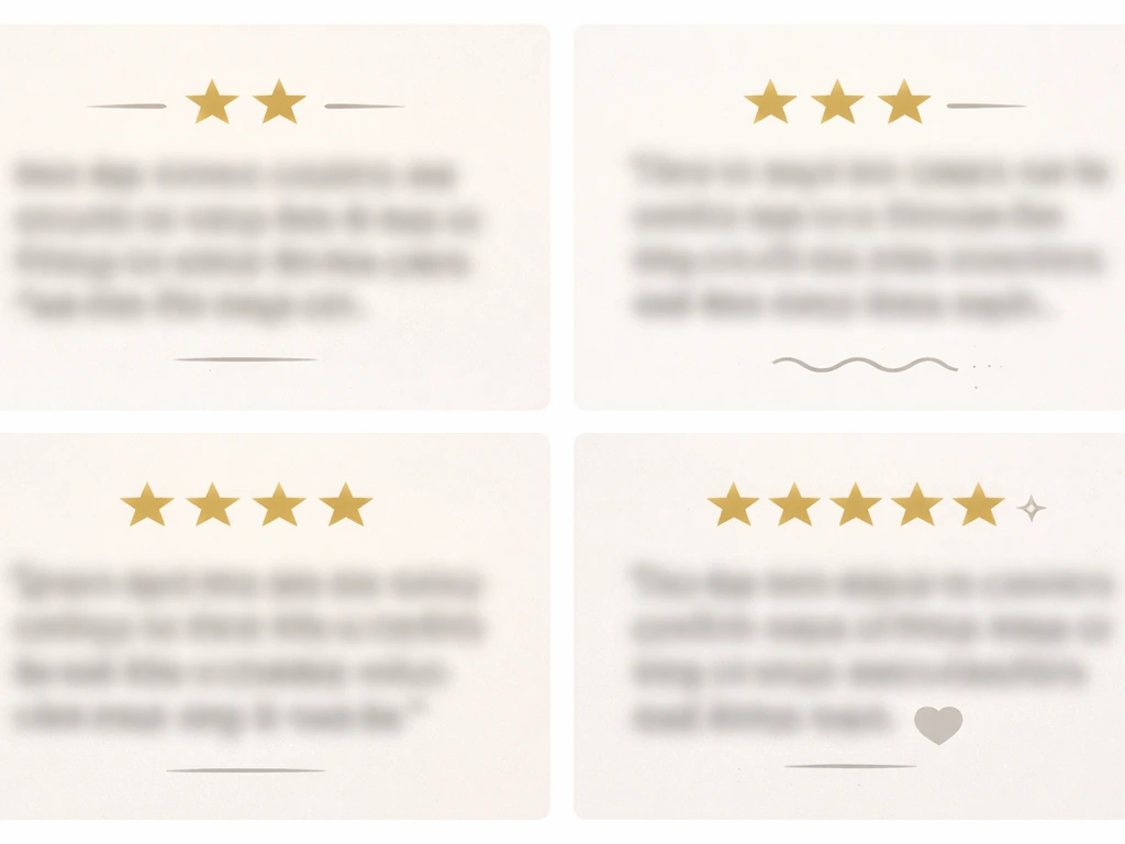 Minimal 2x2 collage of blurred customer review snippets about thin cushions, durability, and comfort/value.