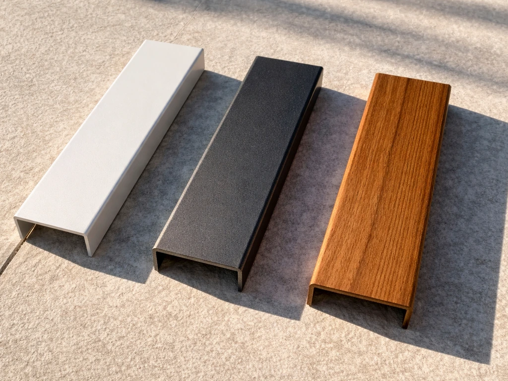 Three patio furniture frame material samples—powder-coated aluminum, steel, and sealed wood—shown side by side in sunlig