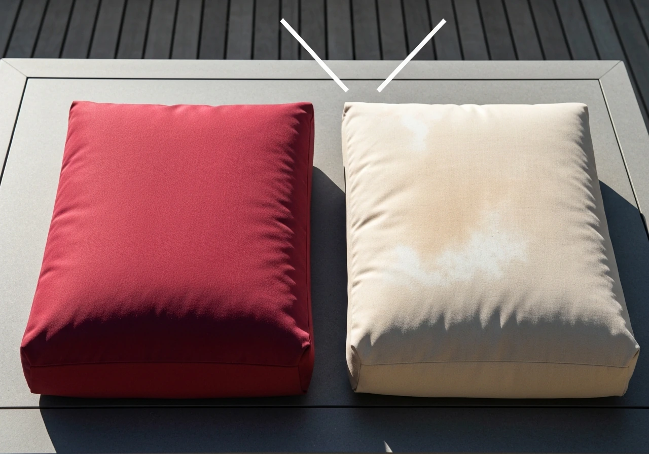 Two outdoor cushion covers side by side, one vibrant and one faded after intense sun exposure.