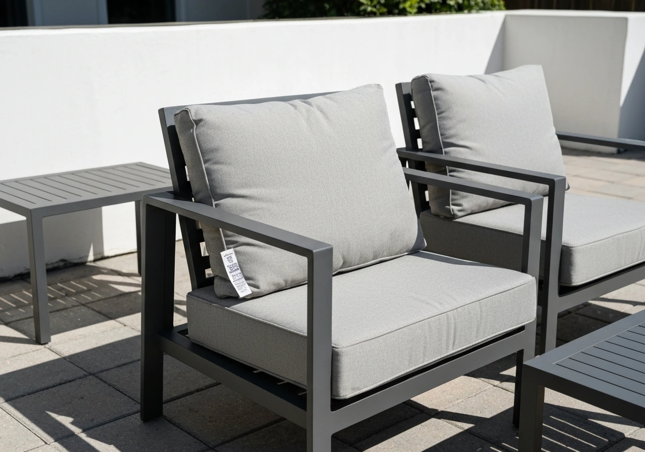 Outdoor patio dining/conversation set on a sunlit patio with solution-dyed cushion fabric tag and powder-coated aluminum