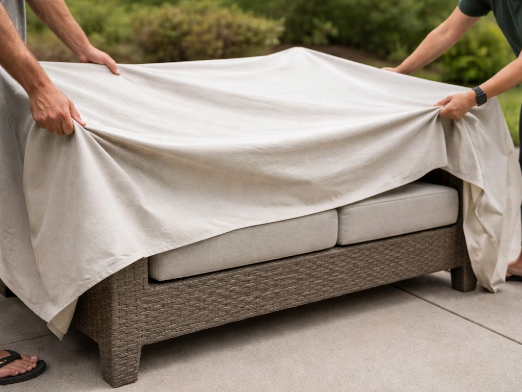 Breathable UV-resistant covers being placed over patio furniture with ventilation over a clean frame