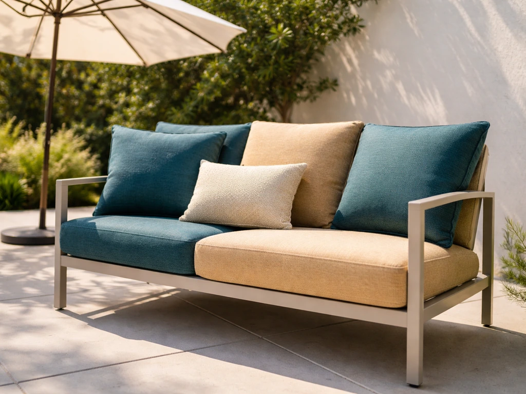 Sunlit patio with Sunbrella-style outdoor cushions and a canopy umbrella, showing fade-resistant fabric.