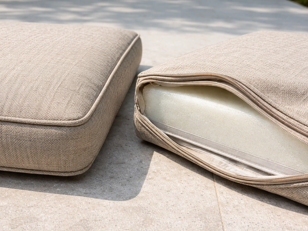 Close-up of two Sunbrella-style outdoor cushion materials showing fabric texture and inner cushion insert