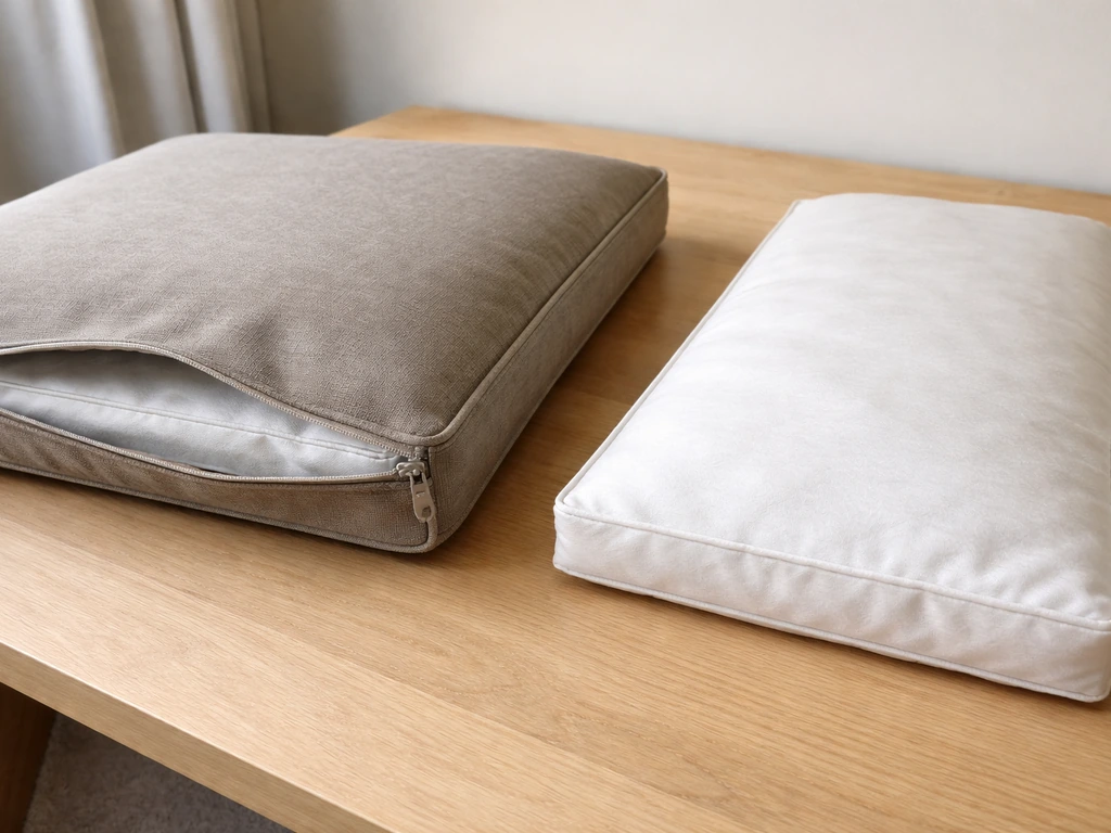Sunbrella cushion cover unzipped with a thin insert set beside it on a table for comparison