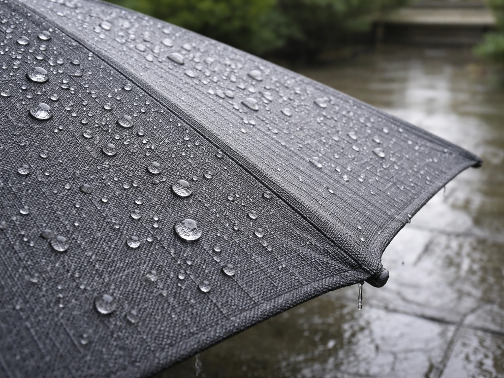 Close-up of outdoor umbrella canopy fabric with water beading on a patio in light rain.