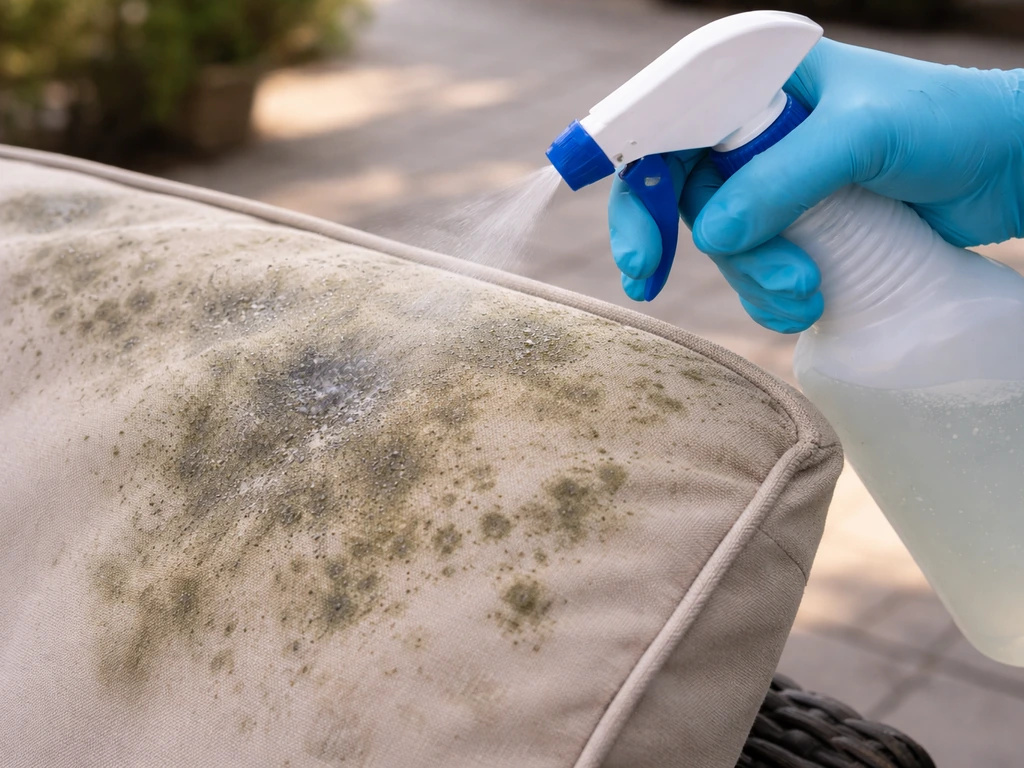 Gloved hands spraying a diluted bleach solution on mildew-stained outdoor fabric