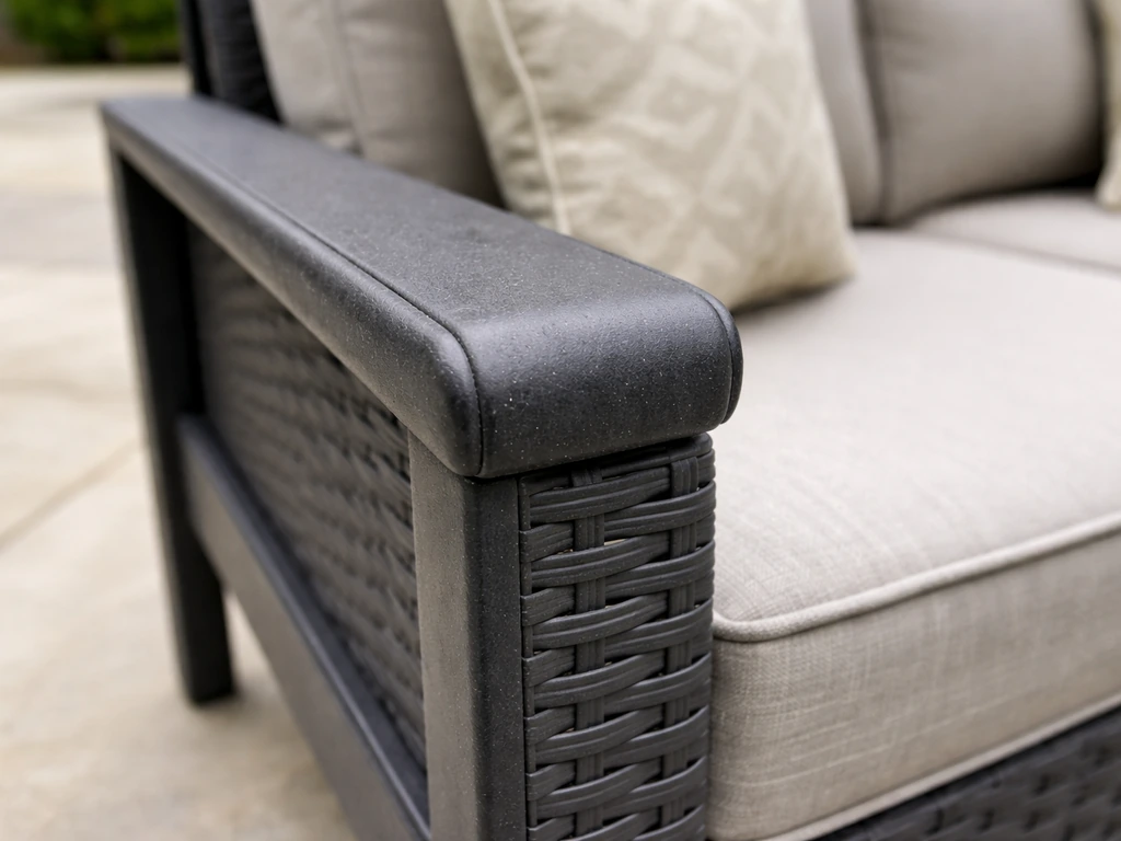Close-up of a resin/plastic patio furniture frame showing surface texture and weathered scuffs.