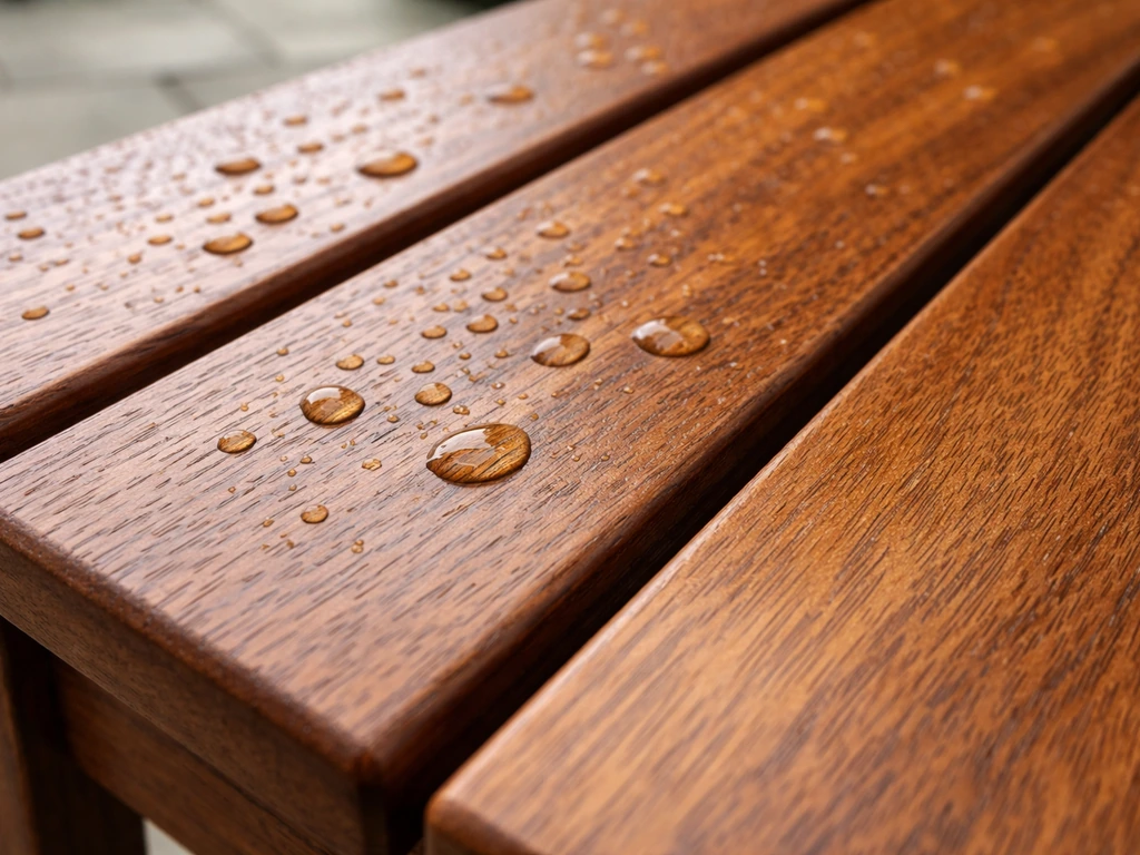 Close-up of acacia and eucalyptus wood grain with water beading on an outdoor patio surface.