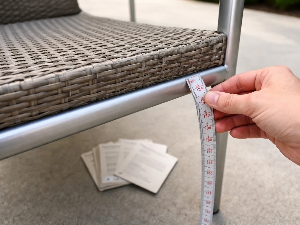 Measuring tape checking the aluminum frame of a patio chair beside blurred spec cards.