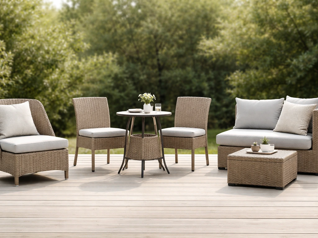 Three types of patio seating—lounge chair, 3-piece bistro set, and small sectional-style sofa—side by side on a patio.