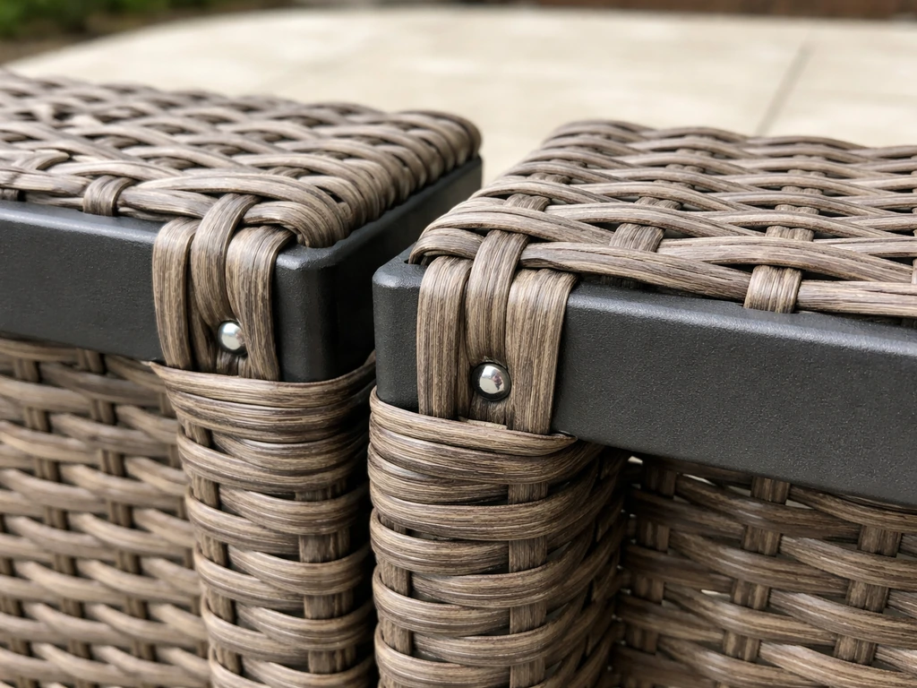 Close-up of PE/synthetic wicker weave over a rust-free metal frame with visible attachment points.