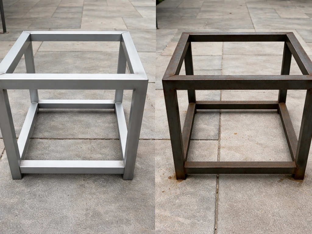 Side-by-side aluminum and steel patio furniture frames, aluminum clean and steel with subtle rust.