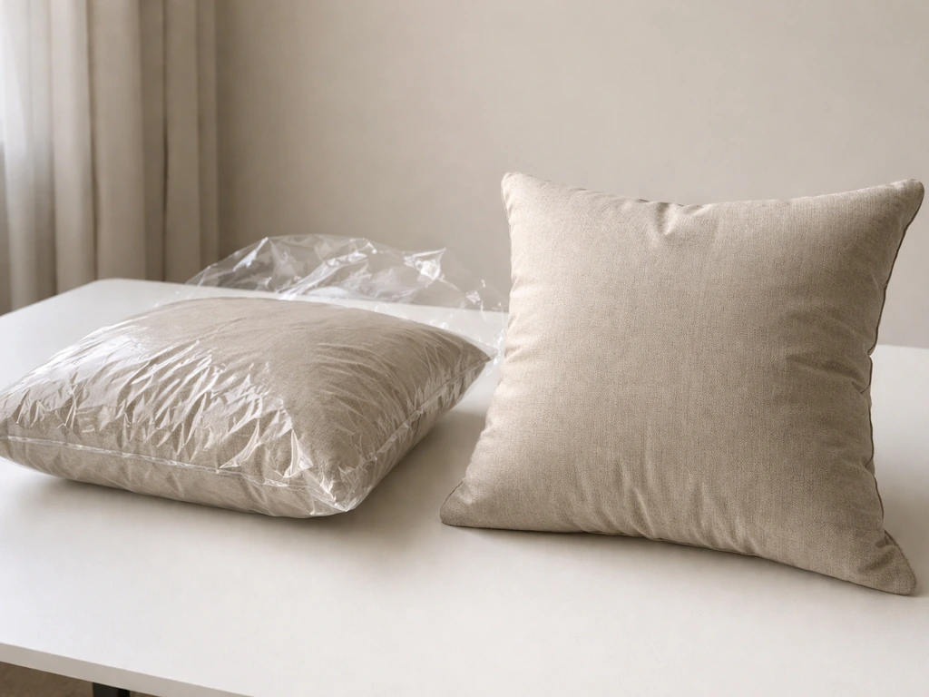 A new cushion tightly compressed in packaging beside a thicker, re-expanded cushion after unpacking.