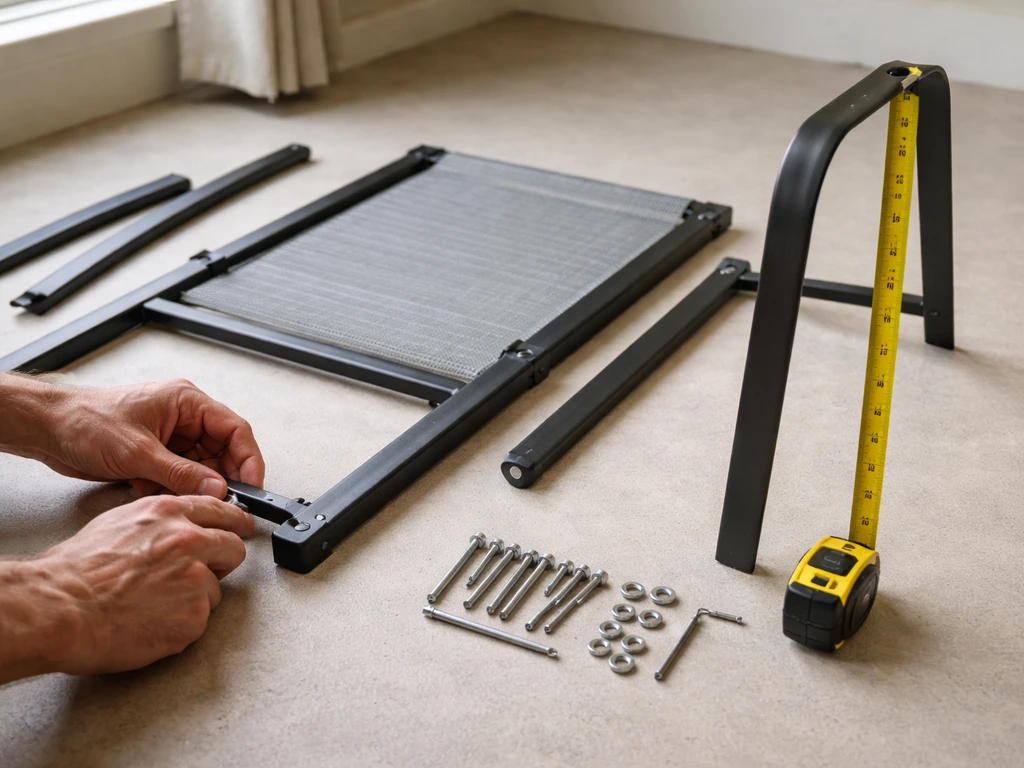 Unfolded patio chair parts and hardware with a measuring tape staged against chair frame for sizing check.