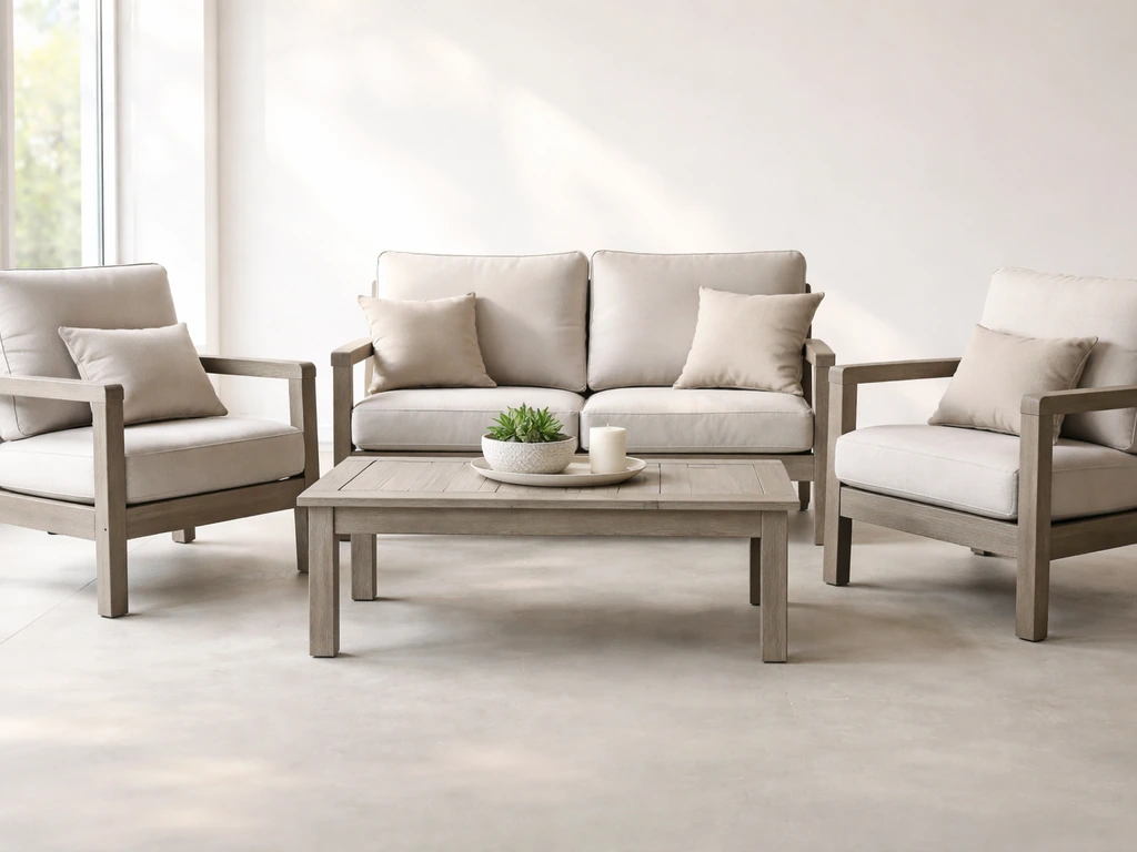 Weather-ready patio furniture set with a loveseat and two chairs in a minimal showroom setting.