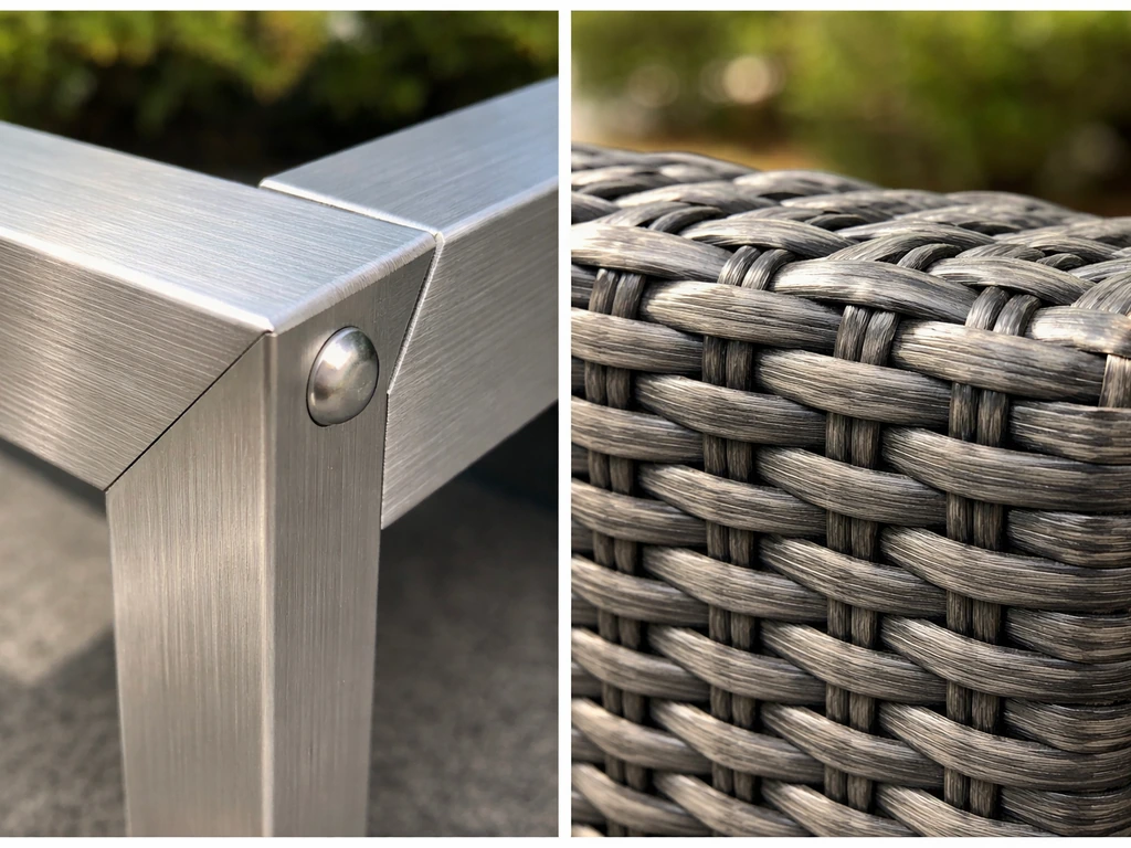 Close-up of aluminum frame and HDPE/all-weather resin wicker textures showing sturdy outdoor build.