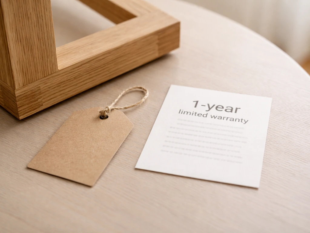 Close-up of a furniture tag and a 1-year limited warranty card on a tabletop.