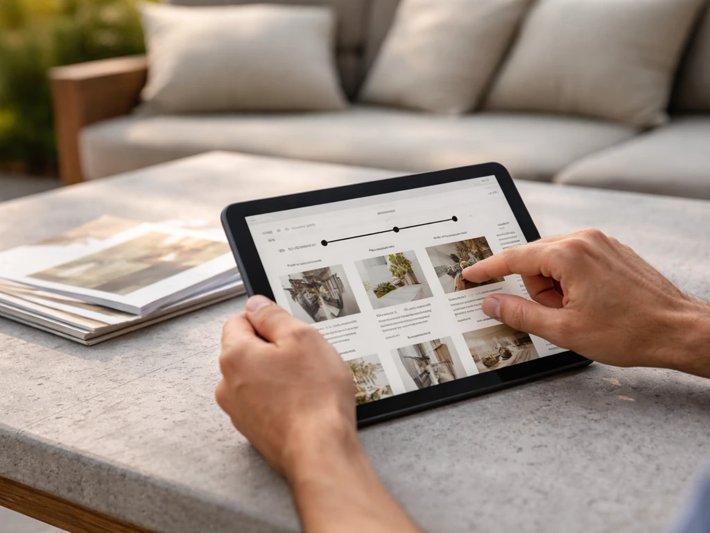 Hands using a tablet to compare online patio furniture reviews with filter controls, cozy patio backdrop.