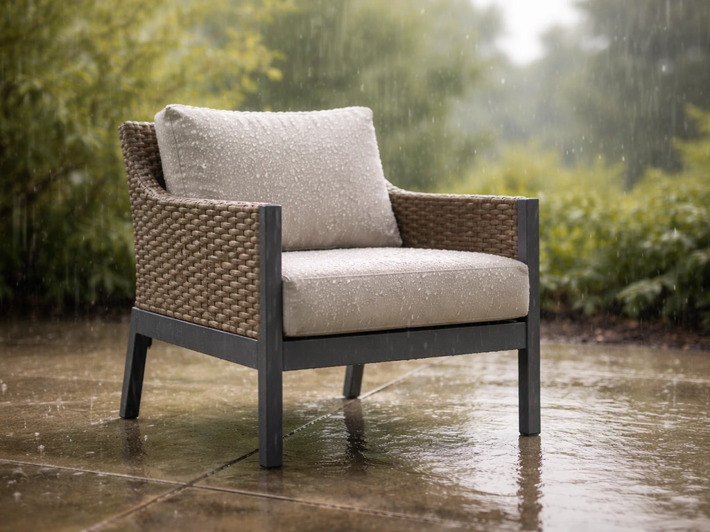 Outdoor resin wicker and aluminum patio chair with cushions beading water in light rain.