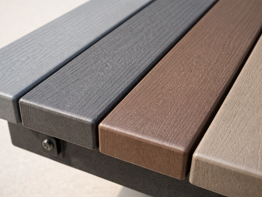 Close-up of dense HDPE plastic lumber slats with subtle grain and hardware detail, clean minimal background.