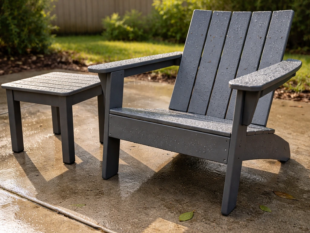 Polywood outdoor patio furniture after rain, showing no rust or splintering, with sunlit ambiance
