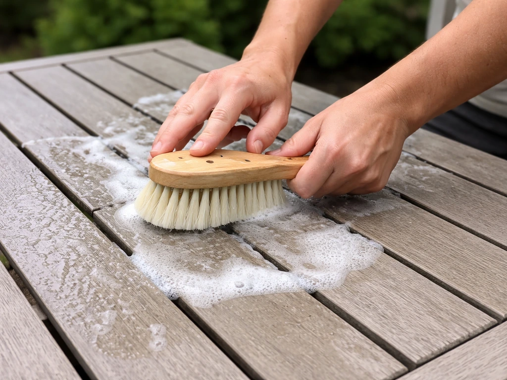 Anonymous hands brushing mild soapy water onto Polywood slats, close-up of slat texture.
