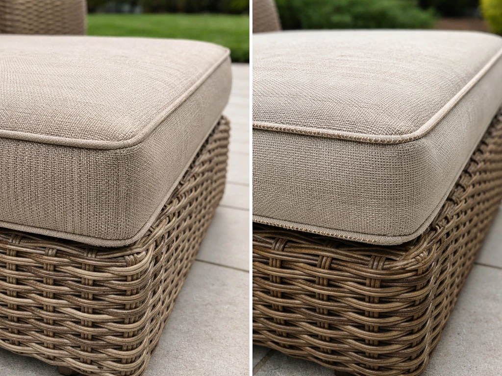 Close-up side-by-side view of two outdoor wicker cushion sets showing weave texture and edge stitching.