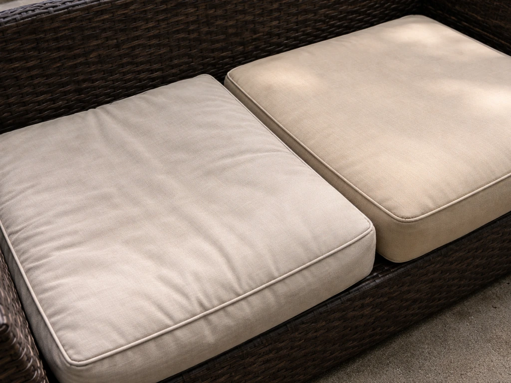 Outdoor wicker cushions with faded covers and slightly sunken, compressed foam, two cushions side by side.