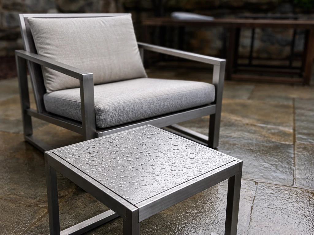 Aluminum patio furniture with water beading and nearby cushions staying dry, contrasted with rusted steel nearby