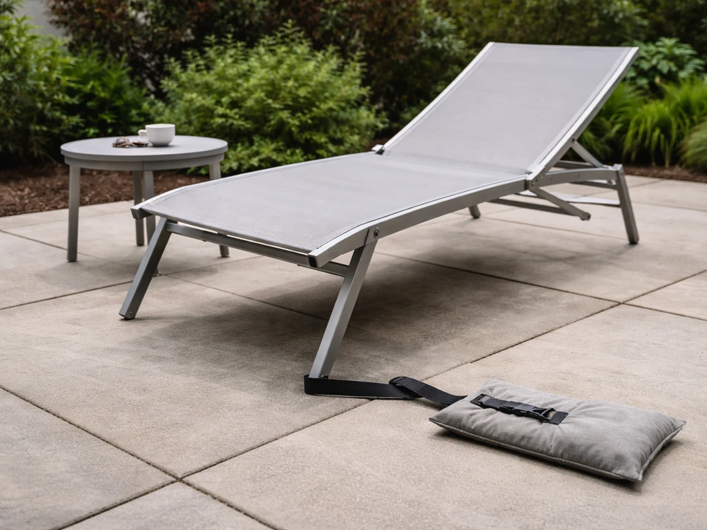 Lightweight aluminum lounge chair slightly tilted on a patio with a nearby tie-down weight to prevent tipping.