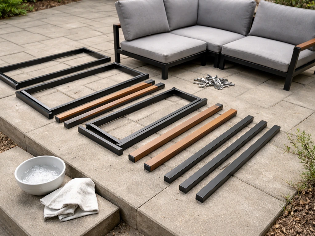 Flat-pack patio set parts laid out with a partially assembled seat and cleaning cloth nearby.