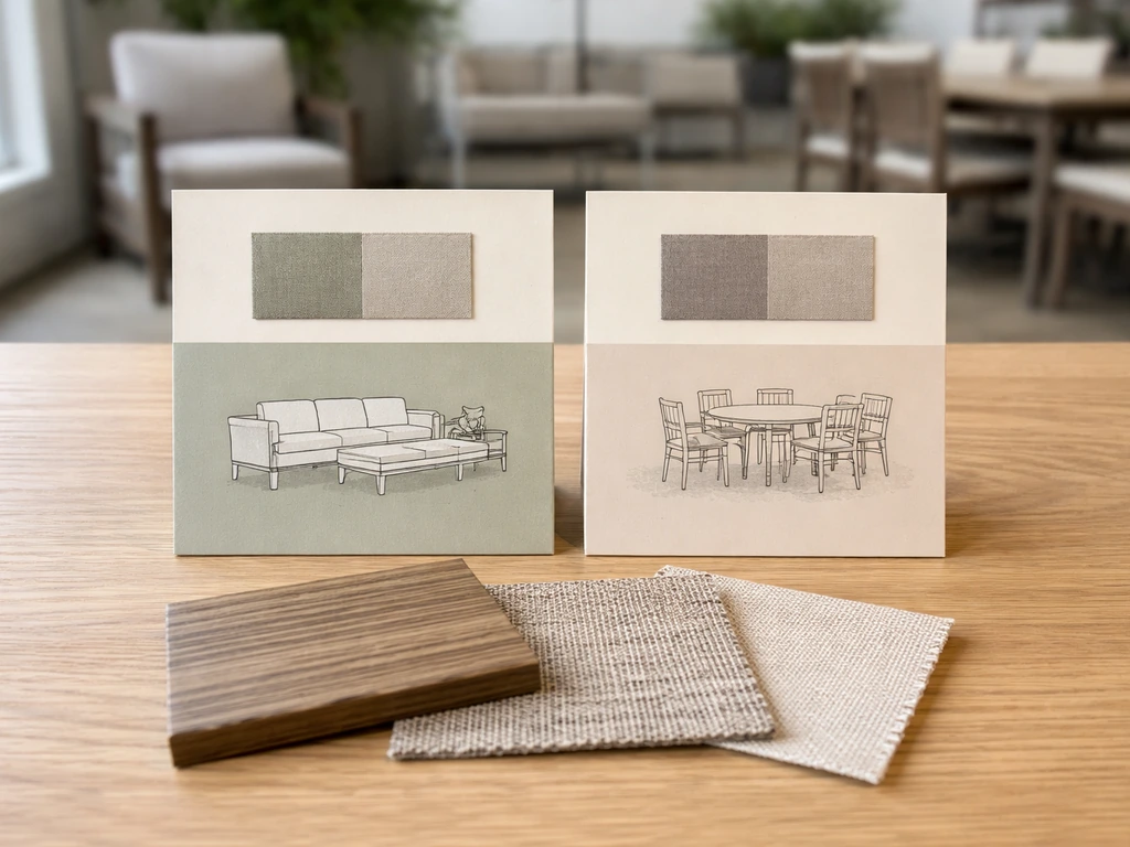 Close-up of patio furniture materials in a showroom, showing brand-style product cards for Stirling and Wakefield