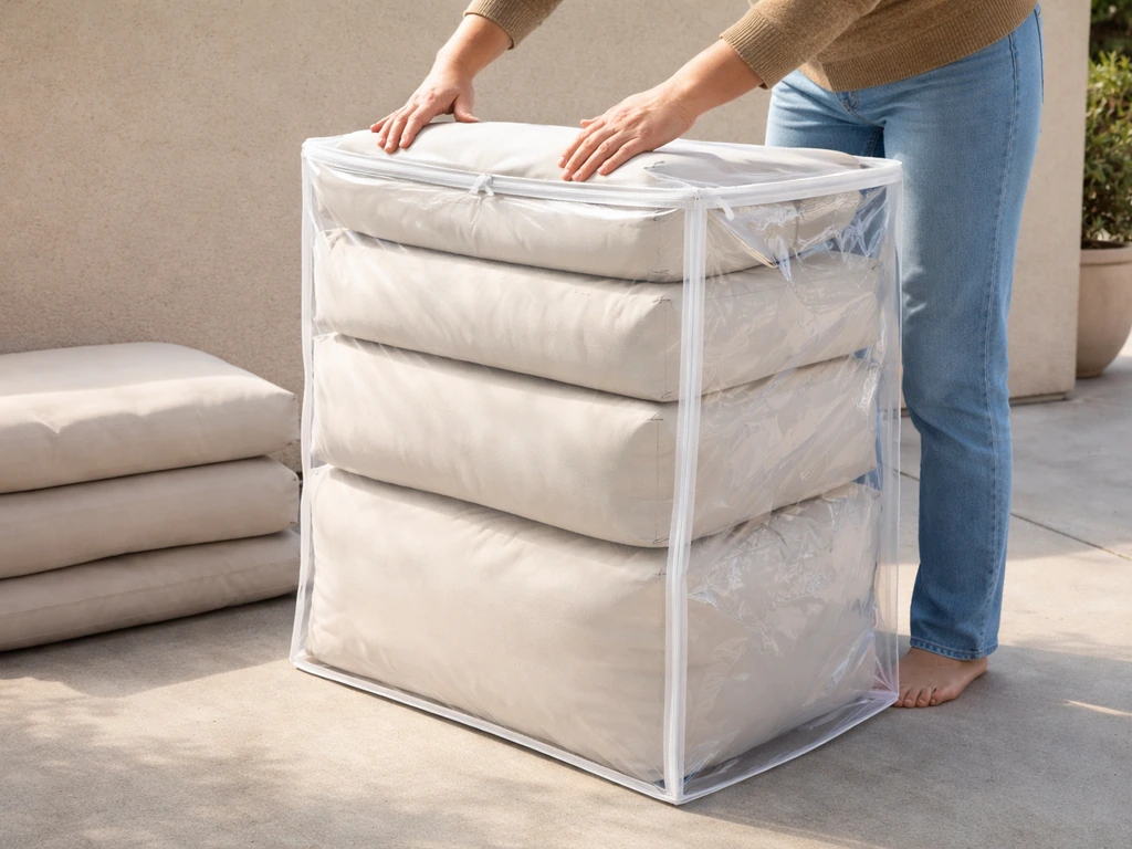 Hands placing folded outdoor cushions into a sealed transparent storage bag in a dry covered area.