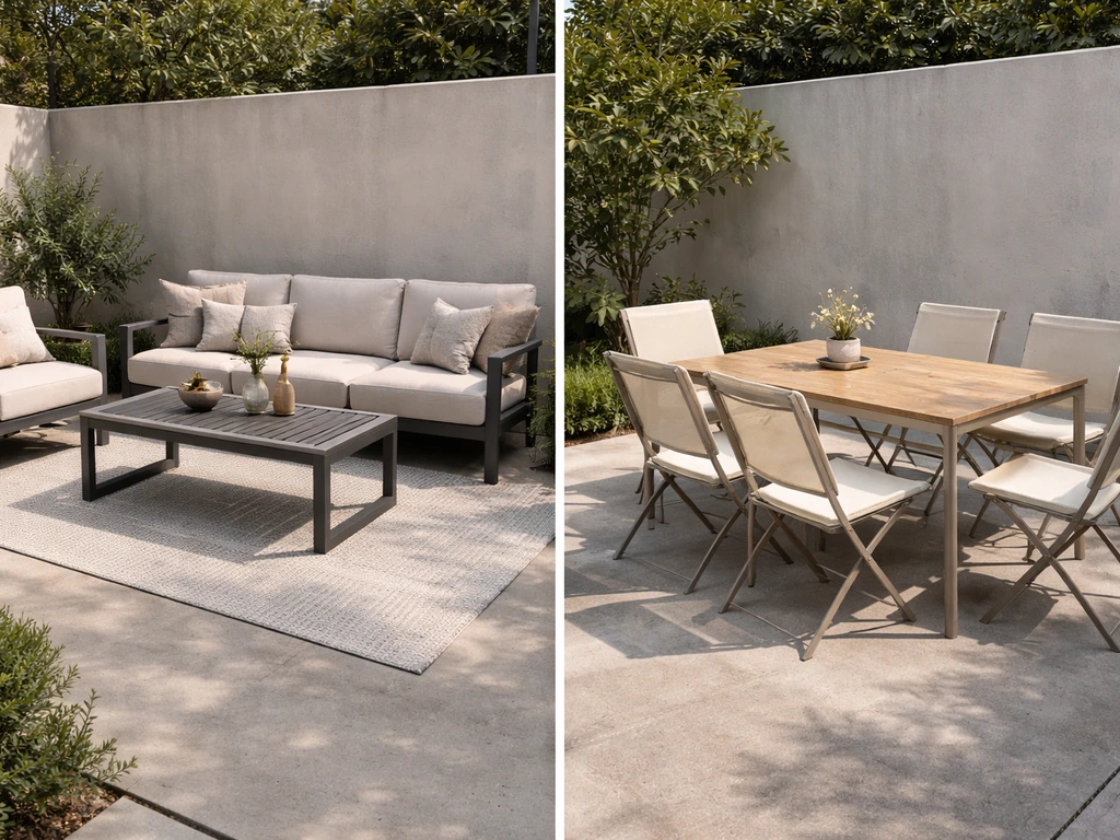 Split photo of two outdoor seating setups—mid-premium lounge vs simpler budget set.