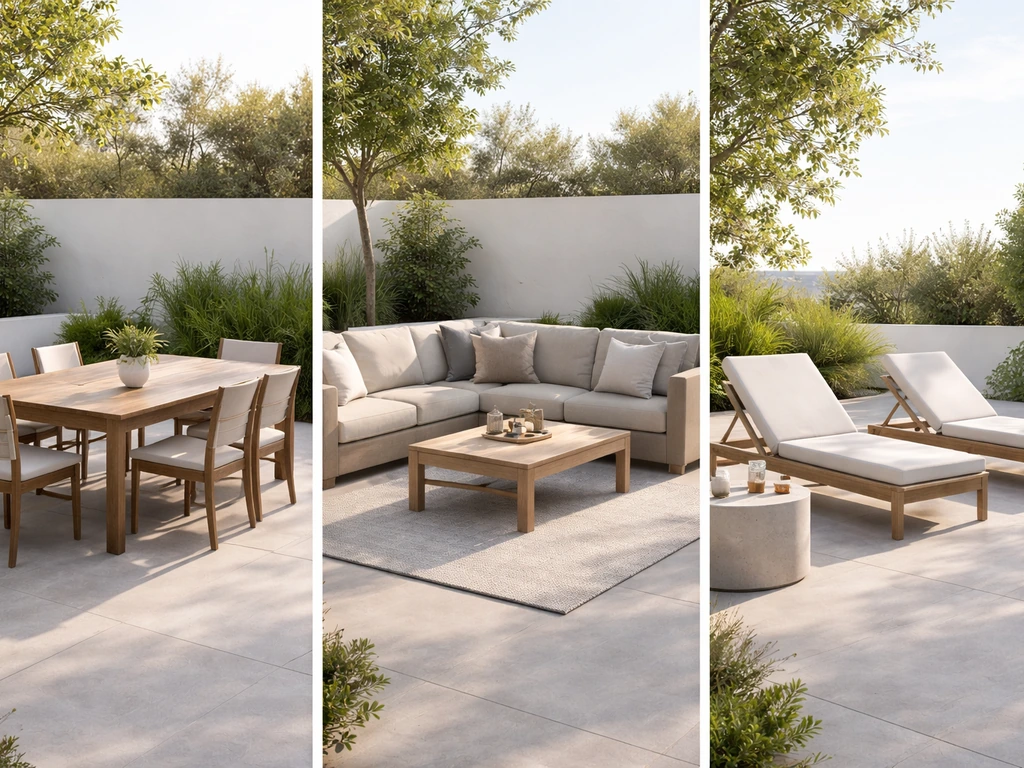 Split-scene of outdoor dining set, lounge seating, and conversation sectional arrangement on a patio.