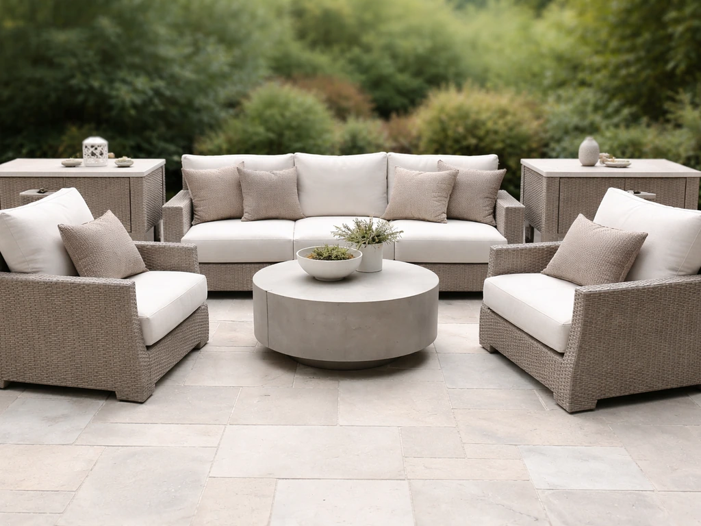 Modular outdoor conversation seating with sofa and club chairs, weather-ready cushions in a calm patio setting